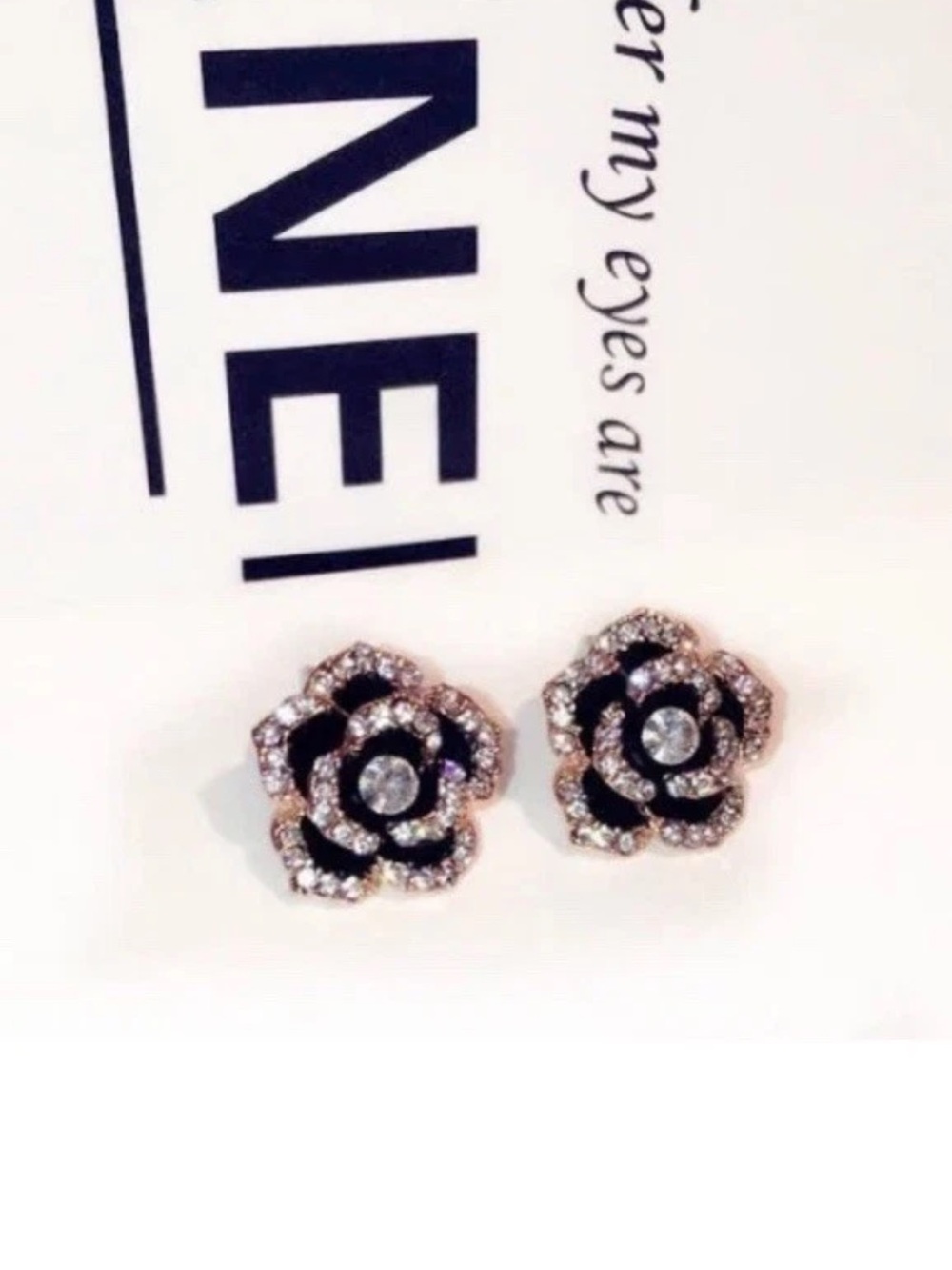Fashion Jewelry  Camellia Flower Black/Rose Gold Crystal Flower Stud Earrings